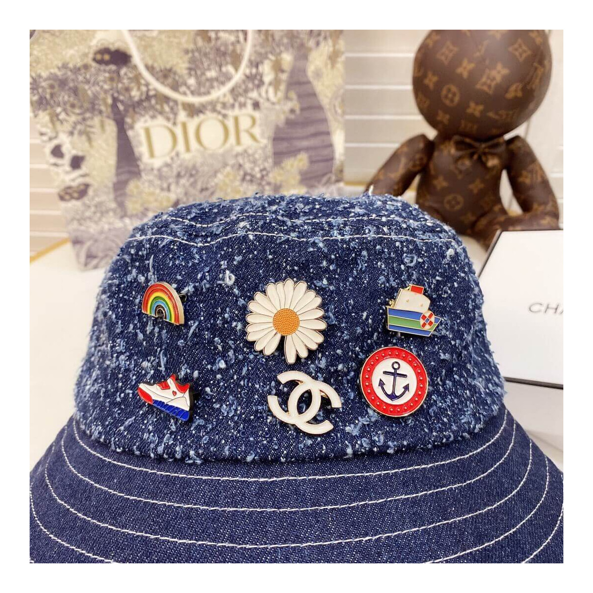 Chanel Badge Denim Bucket Hat D012