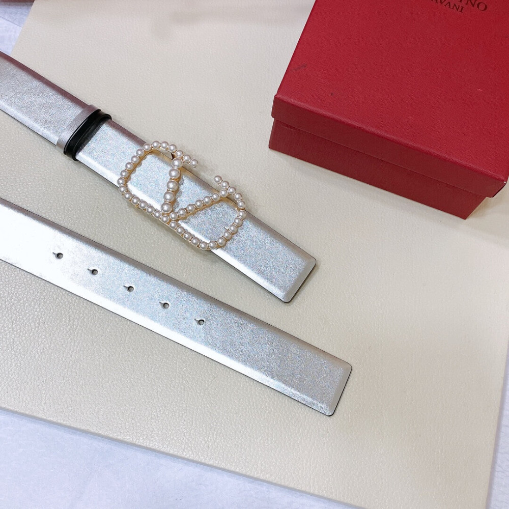 Valentino Vlogo Signature Reversible Belt In Shiny Calfskin With Pearls 40 mm