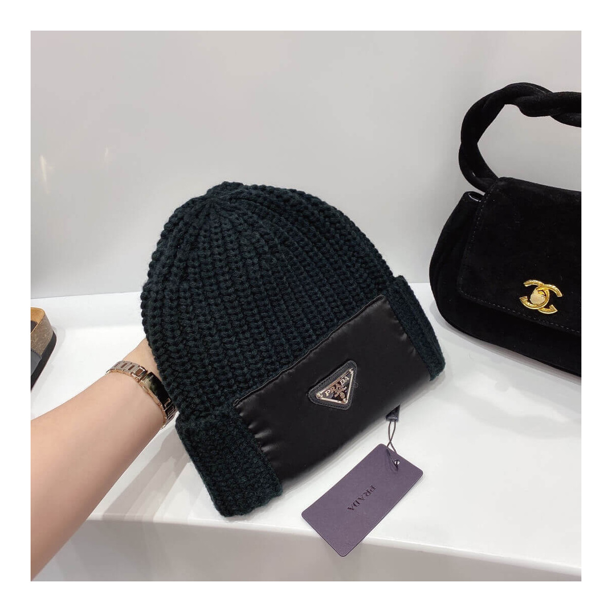 Prada Logo Rib-Knit Beanie Hat 2HC139