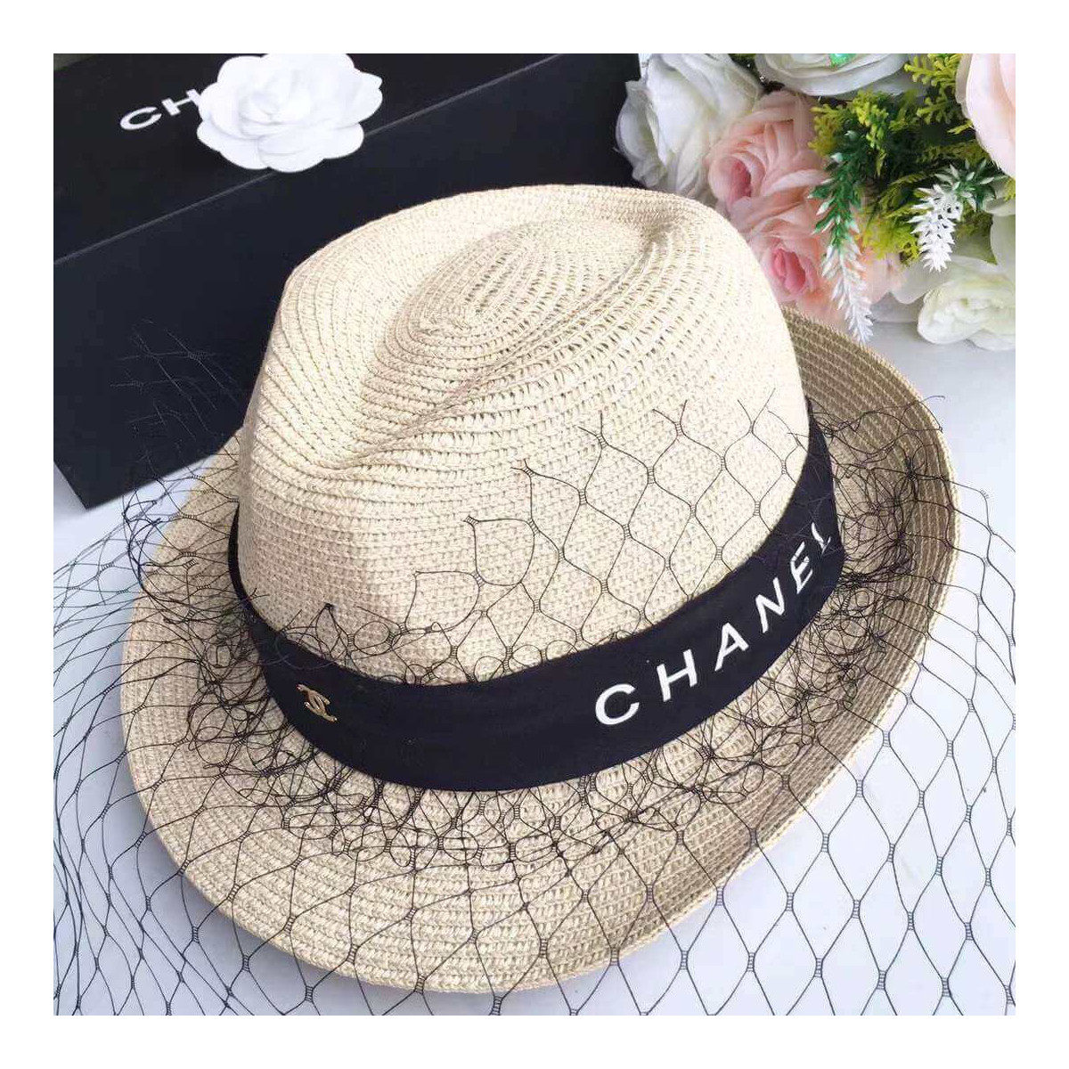 Chanel Straw Cc Fedora Hat With Mesh D010