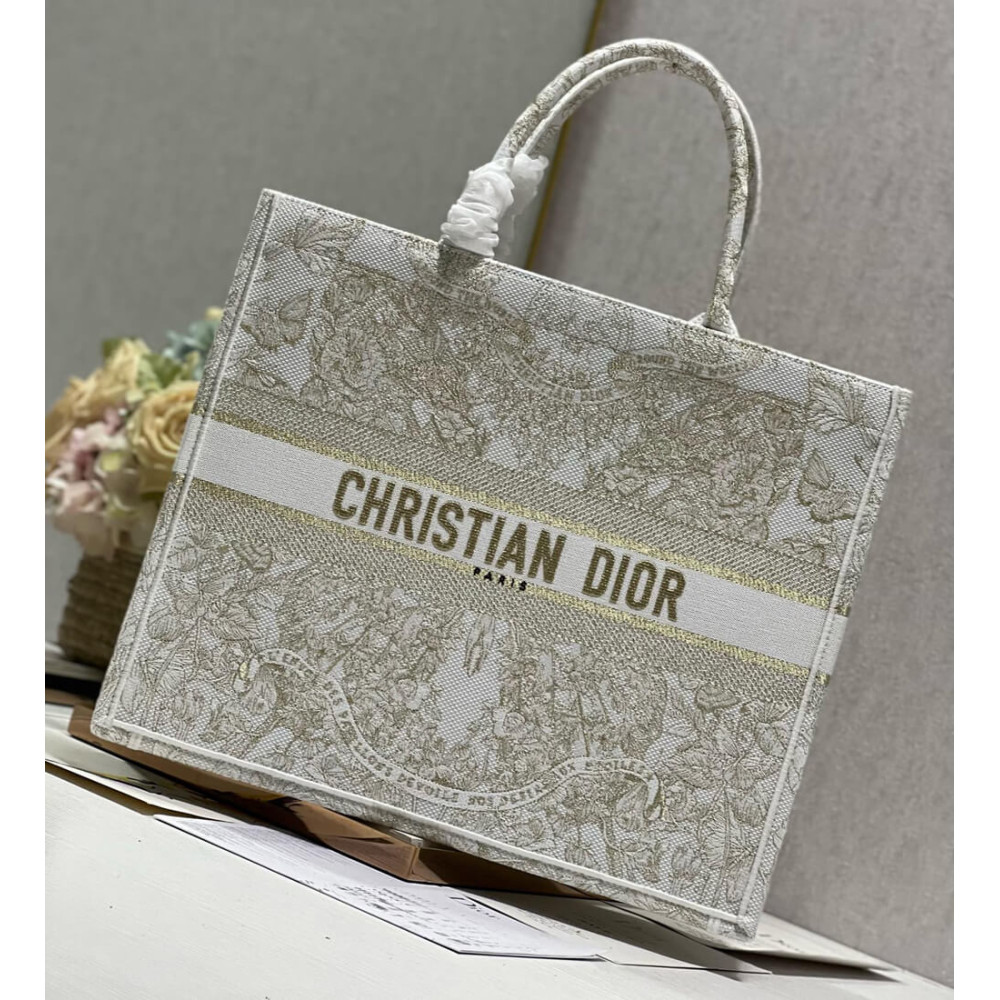 Dior Book Tote Gold-Tone and White Butterfly Around The World Embroidery