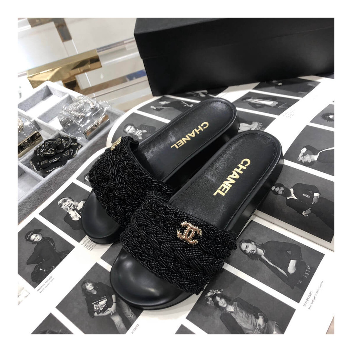 Chanel Pearls &amp; Lambskin Black Mules G35696