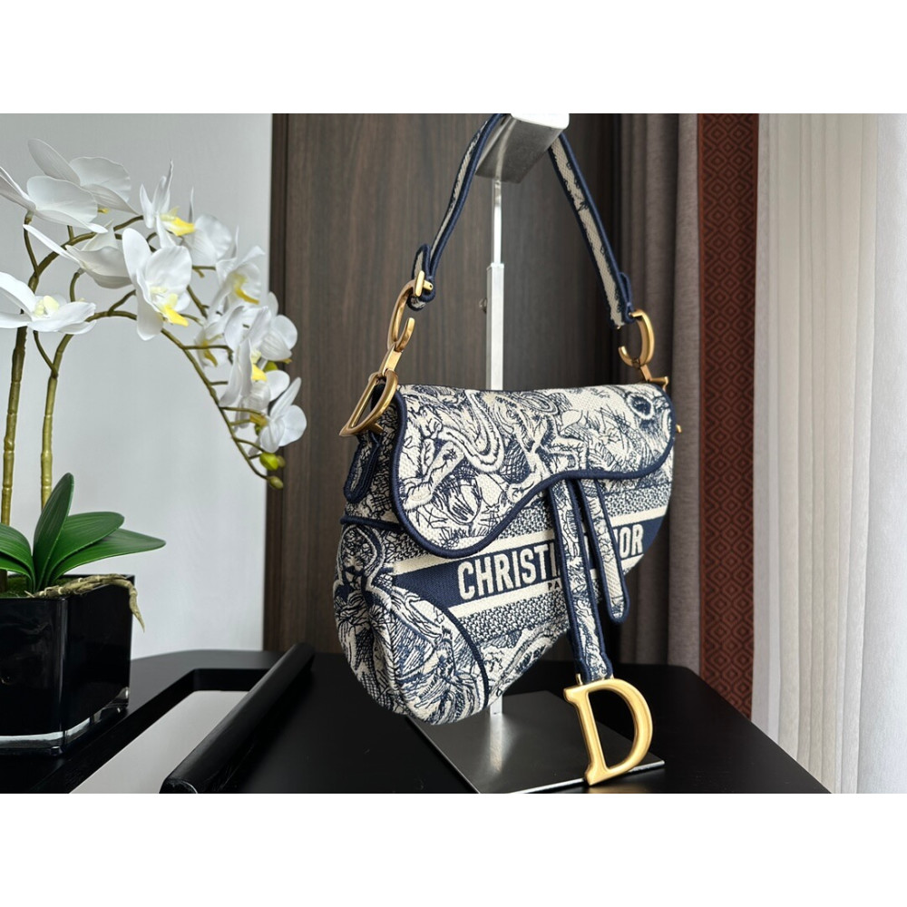 Dior Saddle Bag Blue Toile de Jouy Embroidery M0446