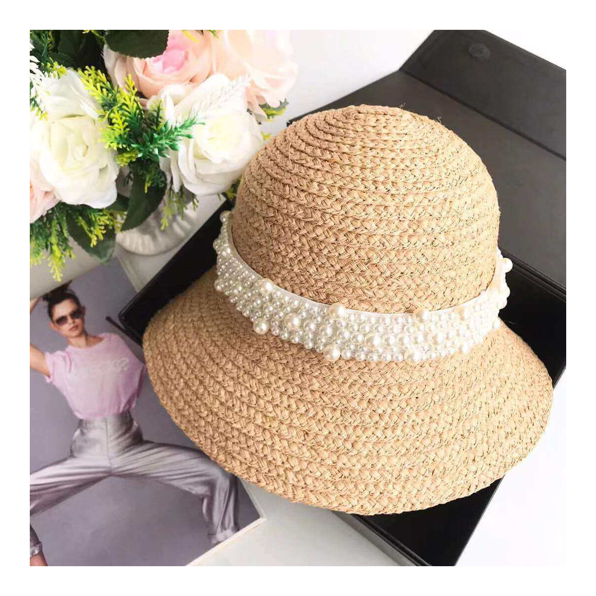 Chanel Straw CC Fedora Hat with Pearl D009