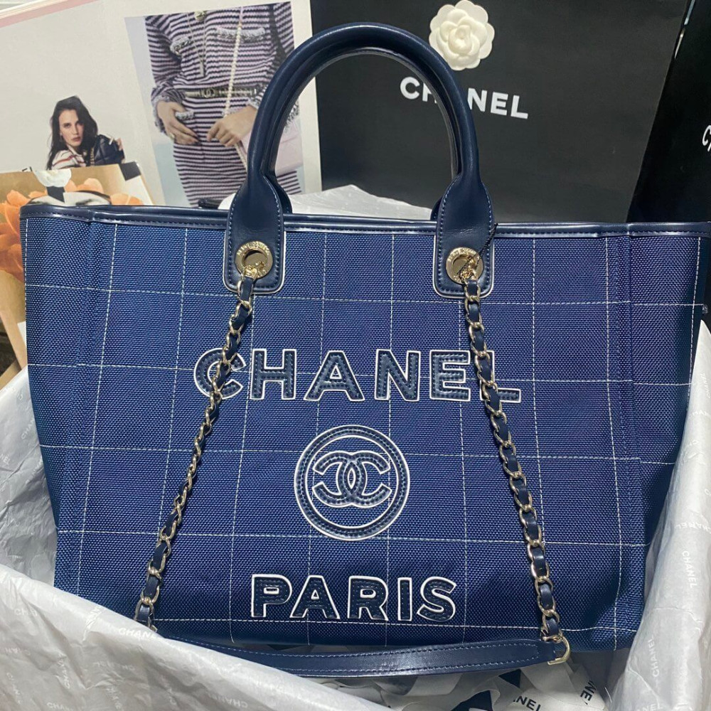 Chanel Deauville Cotton &amp; Calfskin Large Shopping Bag AS93786