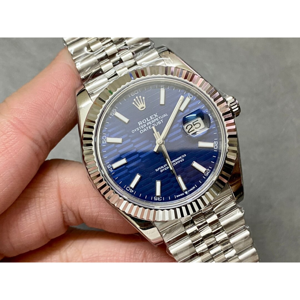 Rolex Datejust 41mm Blue Motif Dial Jubilee Stainless Steel Automatic Fluted Bezel