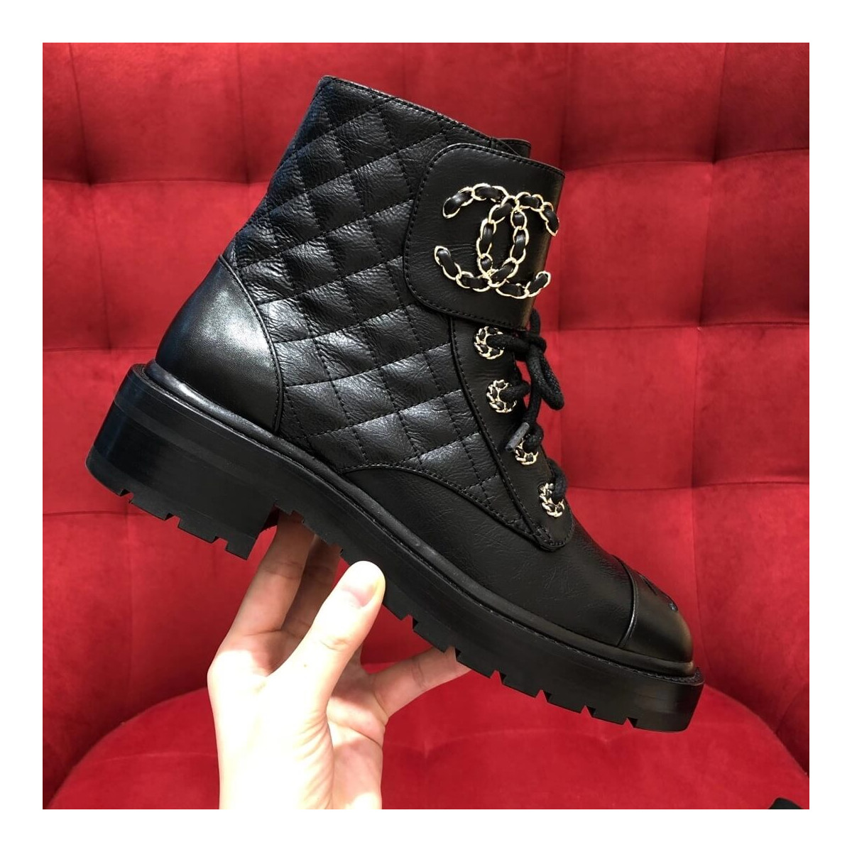 Chanel Black Quilted Leather Lace Up Boots