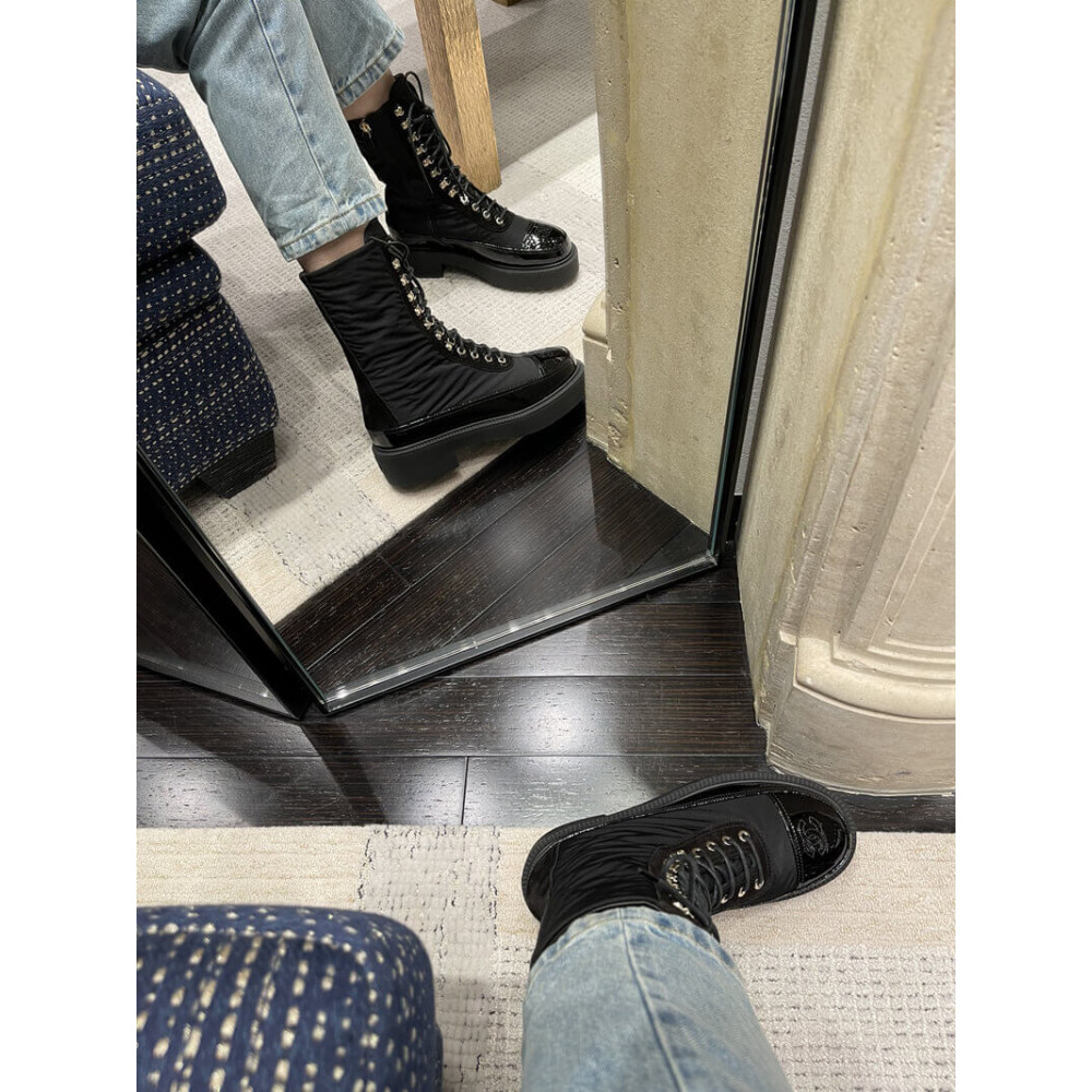 Chanel Nylon and Patent Calfskin Lace-Ups Boots G38086 Black