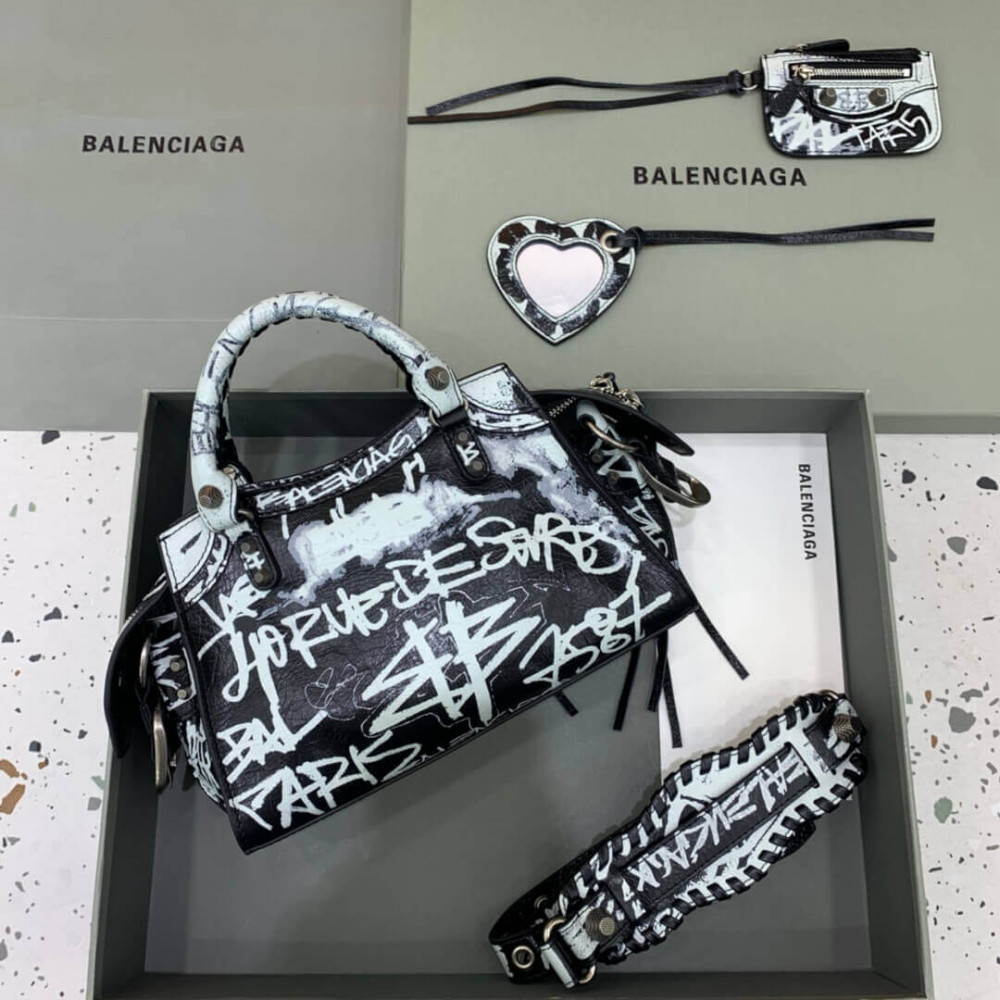 Balenciaga Neo Cagole XS Studded Printed Crinkled-Leather Tote 638515