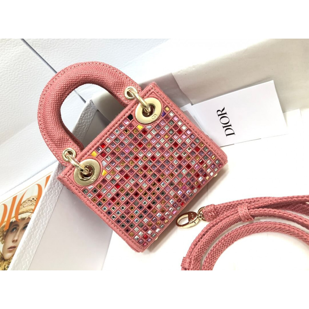 Micro Lady Dior Bag Dark Pink Metallic Canvas Embroidered with Multicolor Crystals S0856