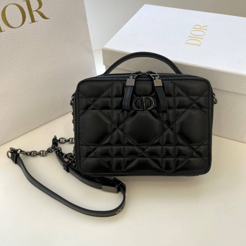 Christian Dior Caro Box Bag With Chain Black Quilted Macrocannage Calfskin S5140