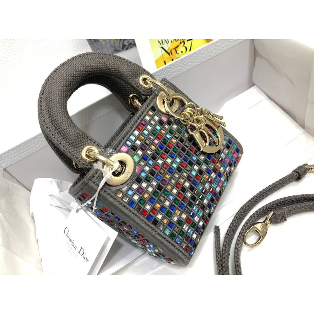 Micro Lady Dior Bag Dark Grey Metallic Canvas Embroidered with Multicolor Crystals S0856