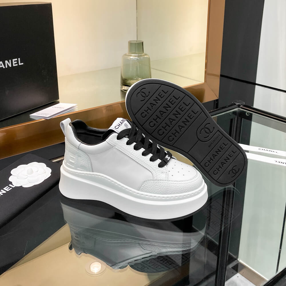 Chanel Grained Calfskin Leather Thick Sole Logo Sneakers G38808 White Black