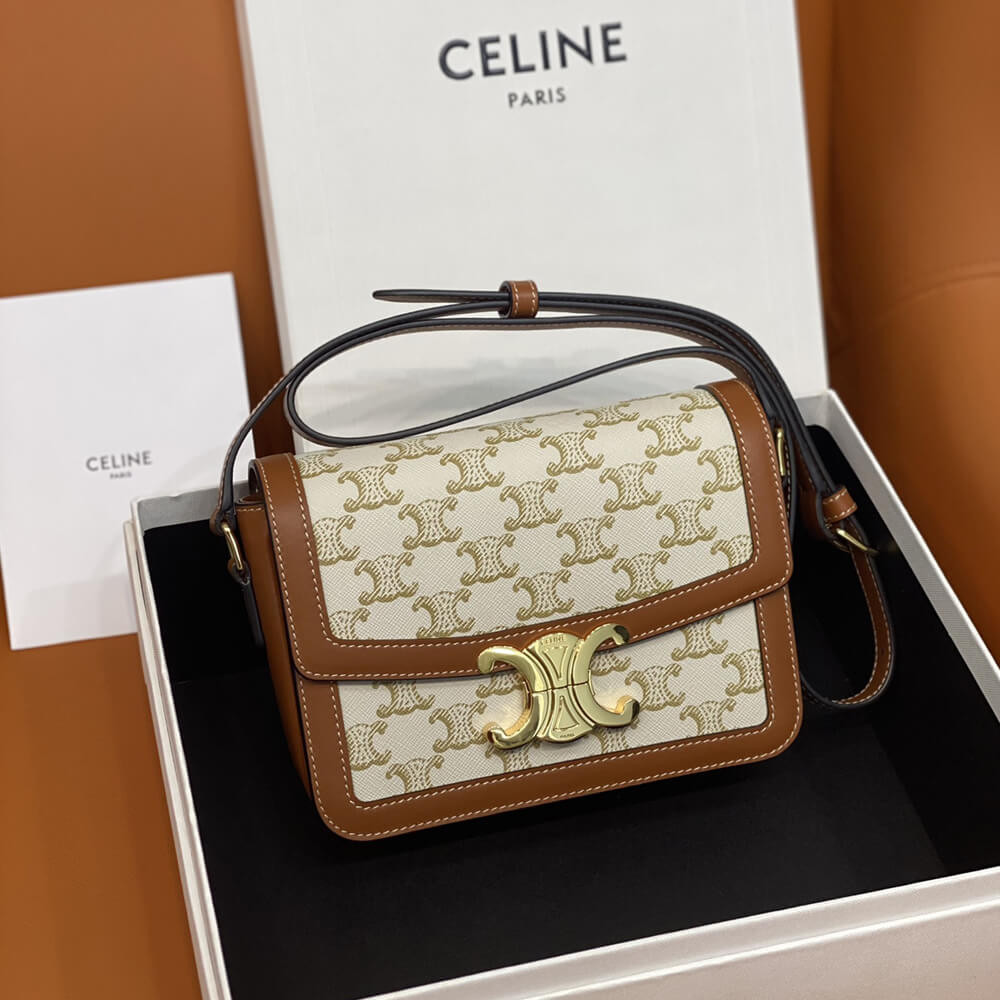 Celine Teen Triomphe Bag In Triomphe Canvas and Calfskin White 188423