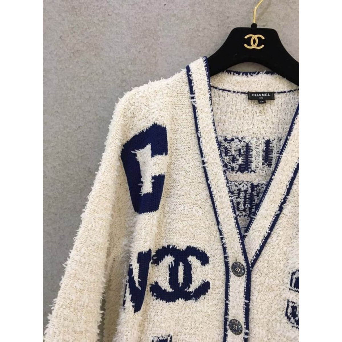 Chanel Varsity Logo iconic Oversized Wool Cashmere Cardigan C1401