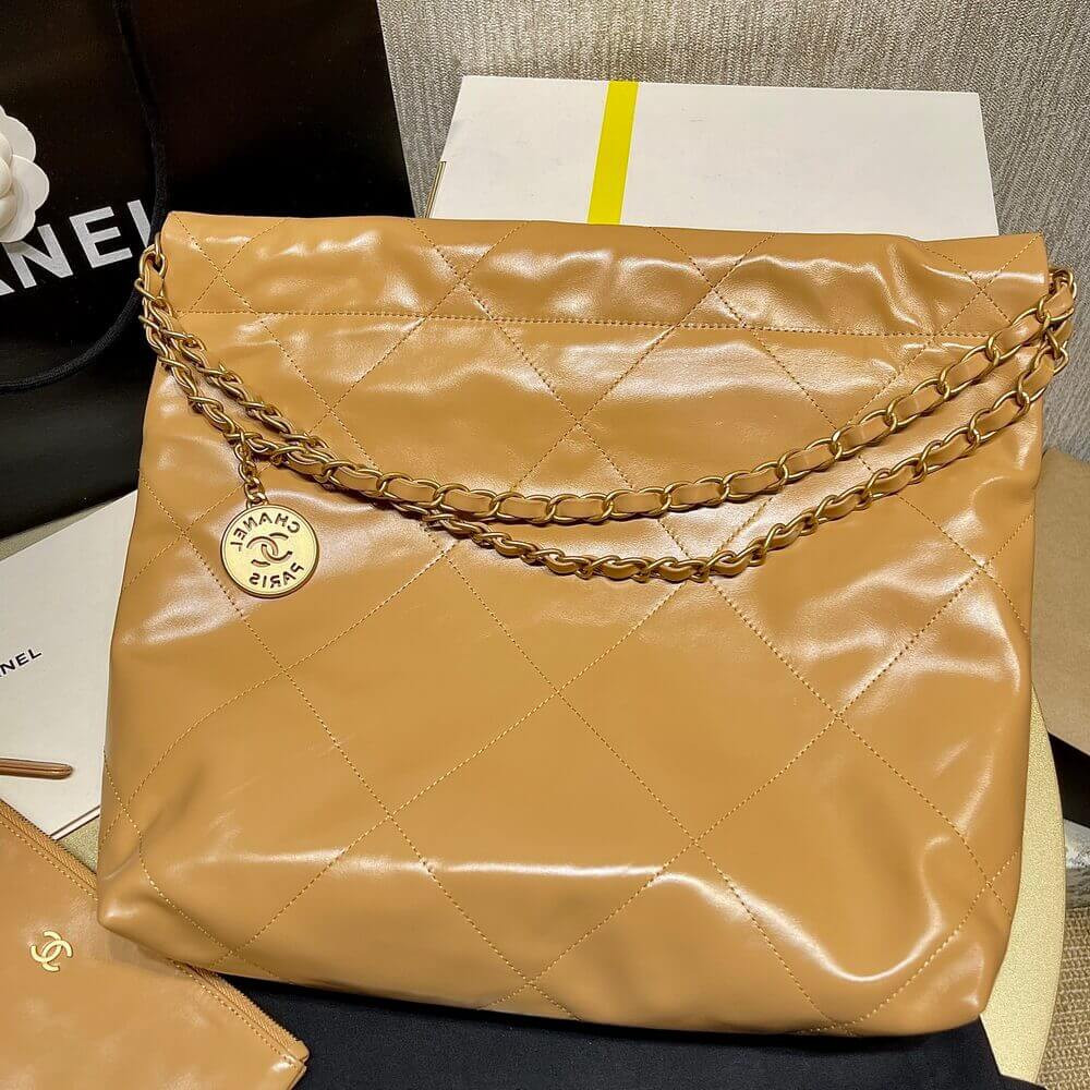 Chanel 22 Small Handbag Shiny Calfskin AS3260 Camel Gold Metal