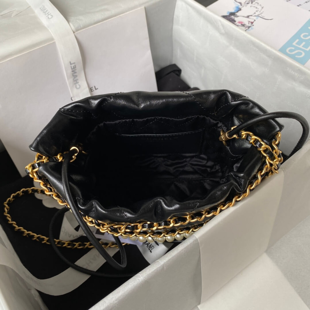 Chanel Mini 22 Handbag in Shiny Crumpled Calfskin Black with Pearl Chain AS4416