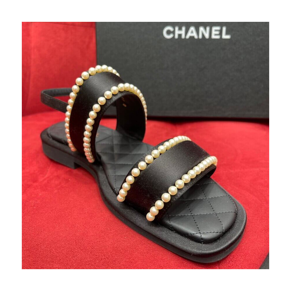 Chanel Satin &amp; Imitation Pearls Sandals G38423 Black