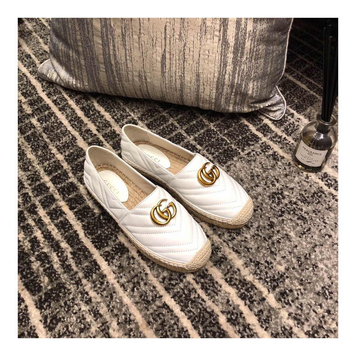 Gucci Chevron Leather Espadrille With Double G 551890 White