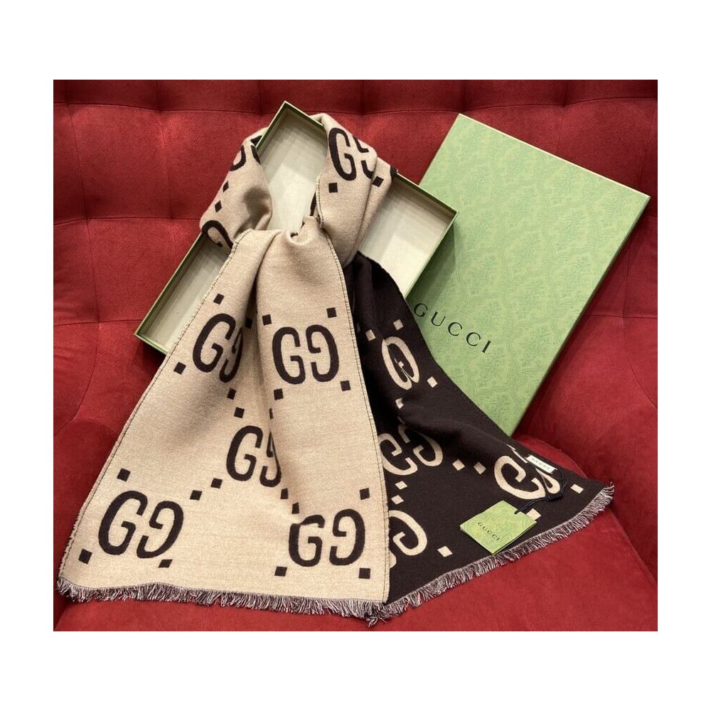 Gucci GG Jacquard Wool Silk Scarf 495592a