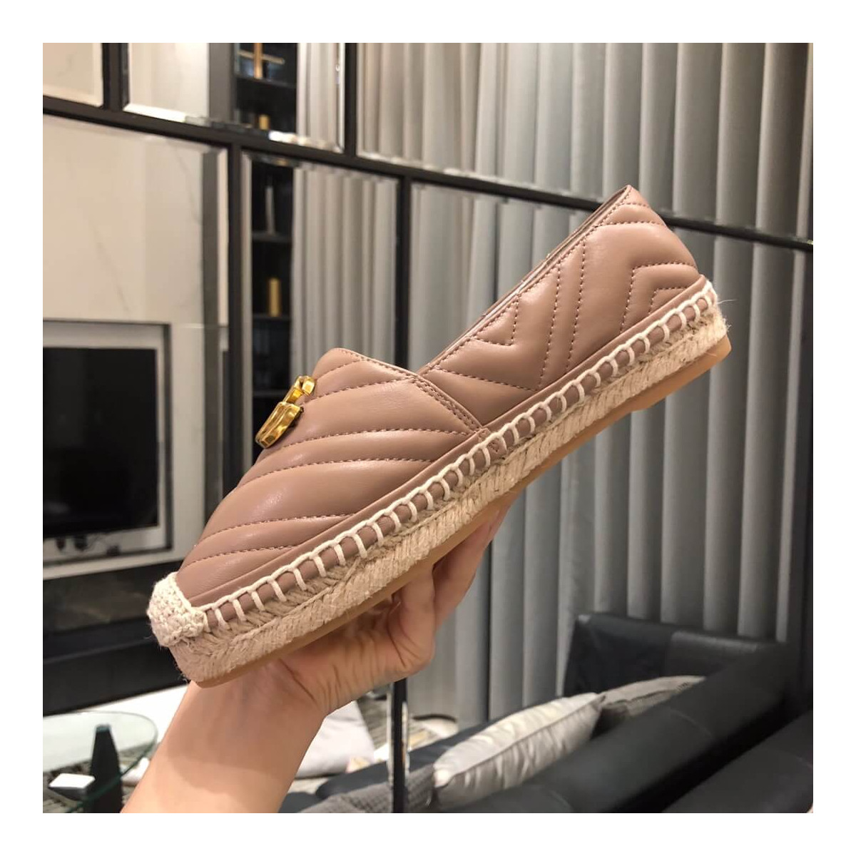 Gucci Chevron Leather Espadrille With Double G 551890 Dusty Pink