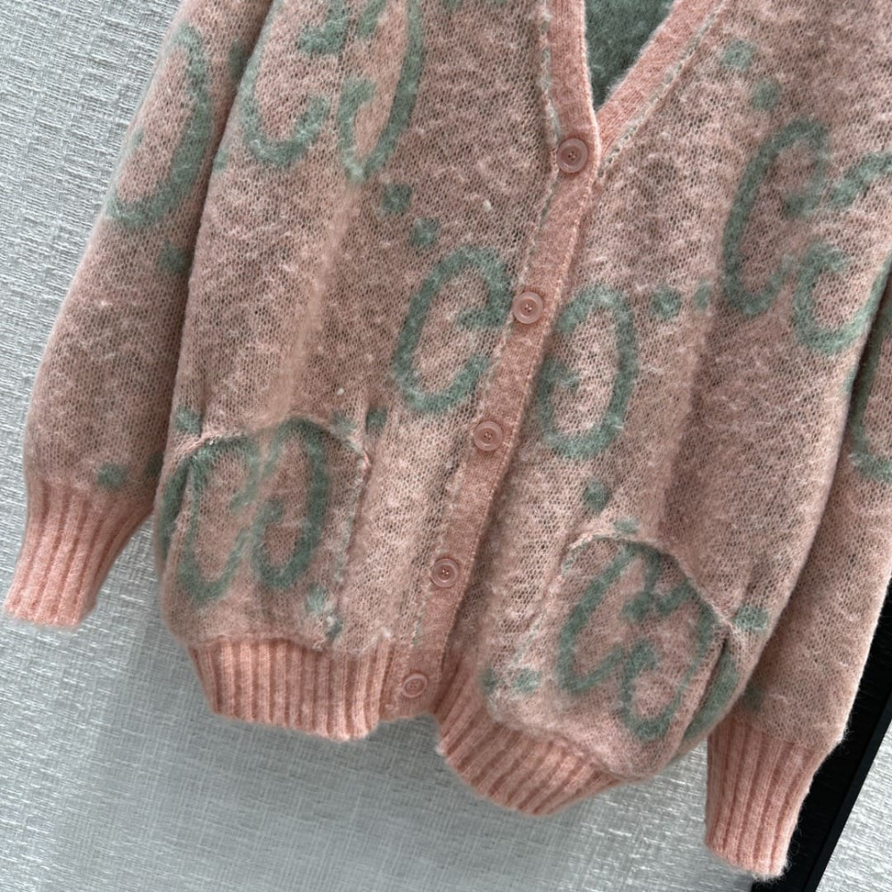 Gucci Reversible GG Mohair Wool Cardigan In Light Green &amp; Pink 635160