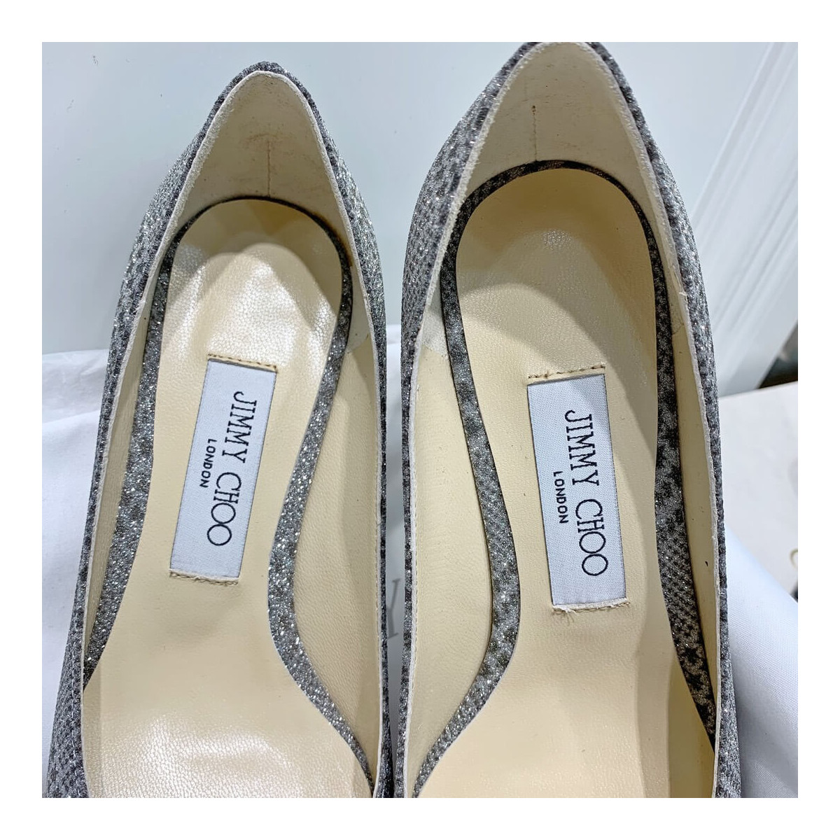 Jimmy Choo Romy Grey Glitter Fabric Pointy Toe Pumps 120011