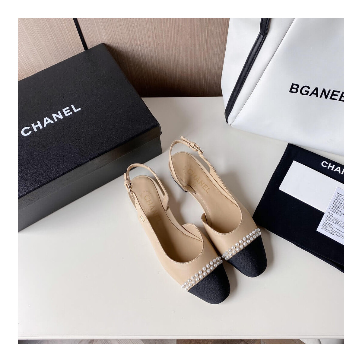 Chanel Pearl Embellished CC Cap Toe Flat Slingbacks 36125