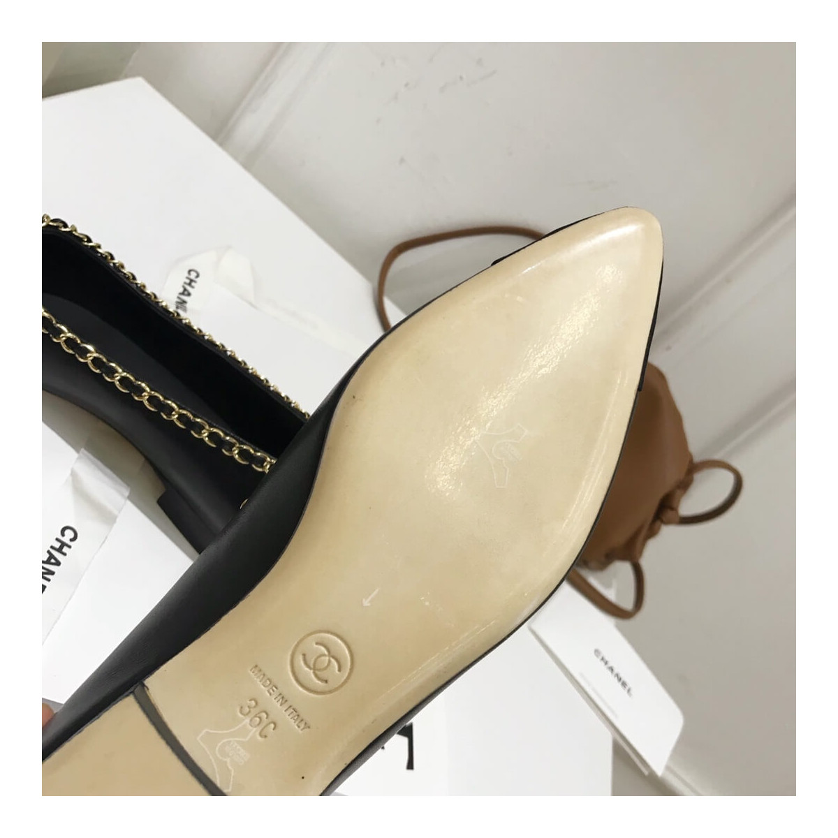 Chanel Grosgrain and Lambskin Chain Flats Ballerinas G35389