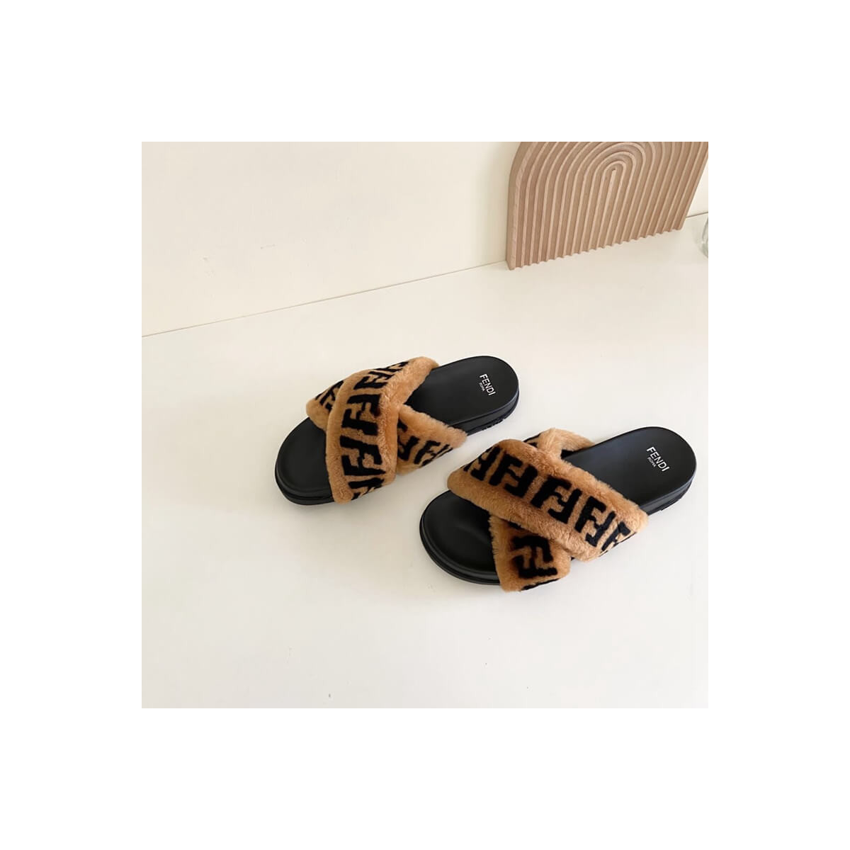 Fendi Logo Shearling Fur Slides Sandals F126