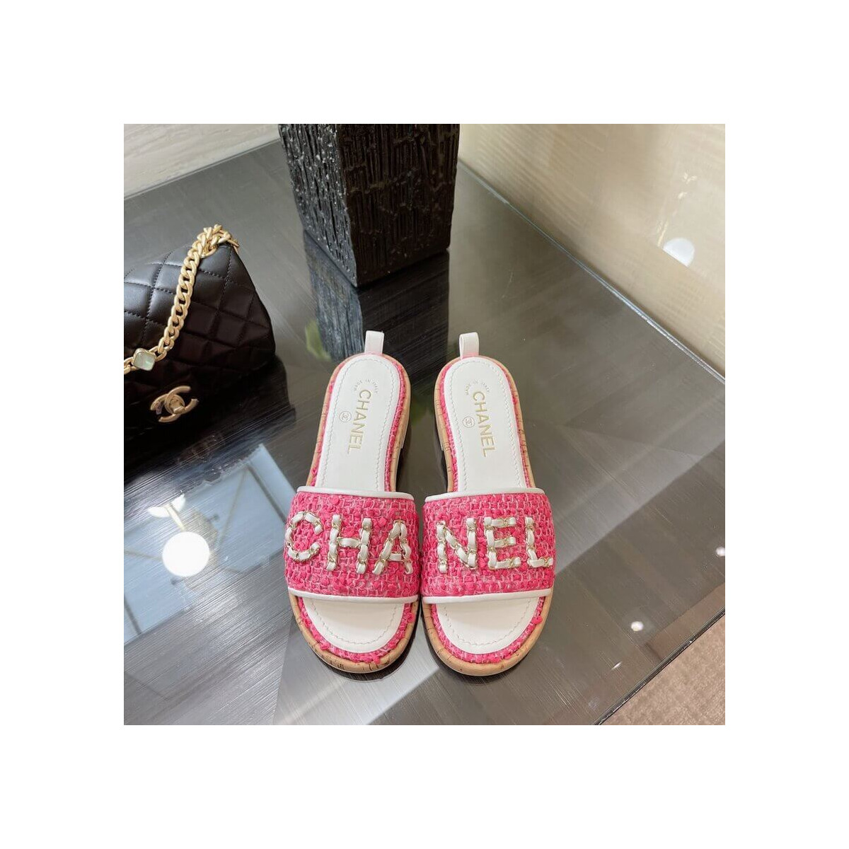 Chanel Tweed Gold Chain CC Logo Letter Cork Mules G34826