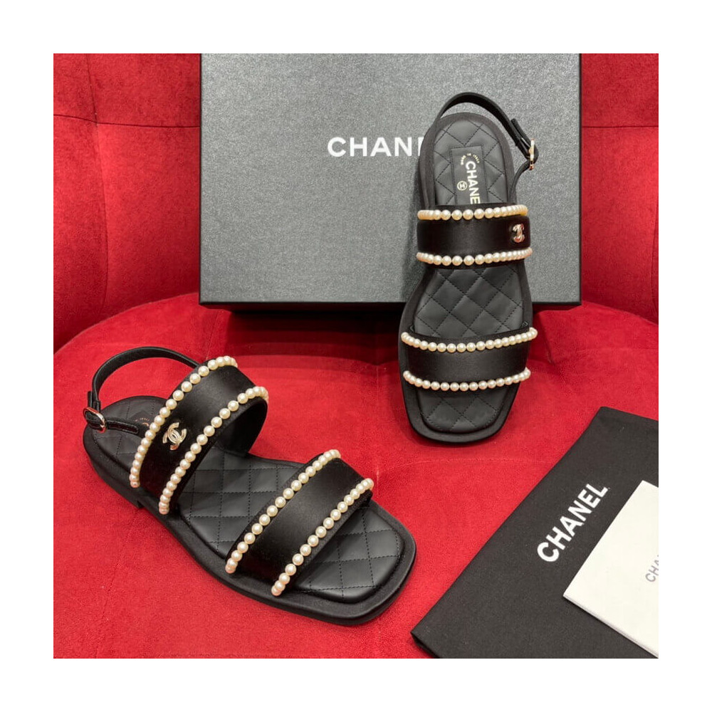 Chanel Satin &amp; Imitation Pearls Sandals G38423 Black