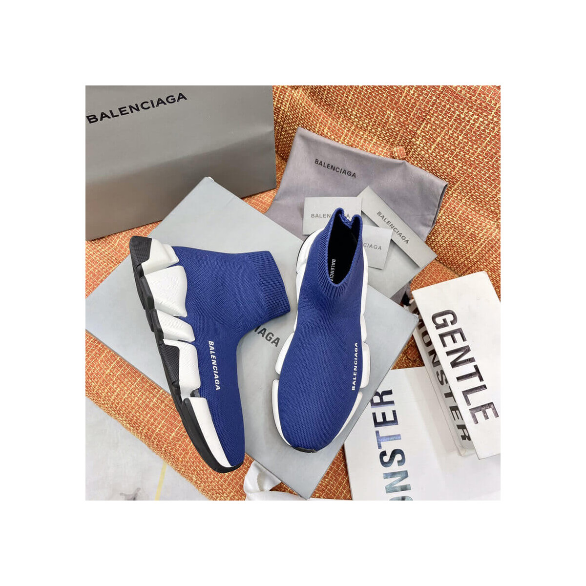 Balenciaga Speed 2.0 Knit Sock Sneakers 617239 Navy Blue/White