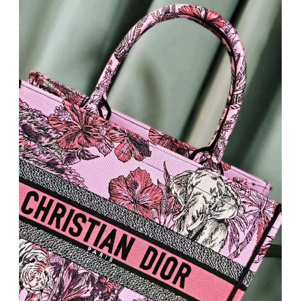 Christian Dior Book Tote Pink Multicolor Toile de Jouy Voyage Embroidery