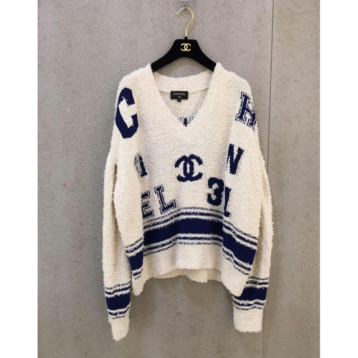 Chanel Varsity Logo iconic Oversized Wool Cashmere V Neck Sweater C1402