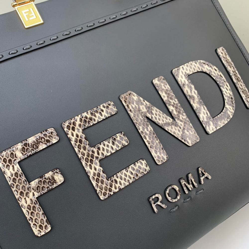 Fendi Sunshine Medium Python Embossed Logo Dark Grey Tote 8BH386