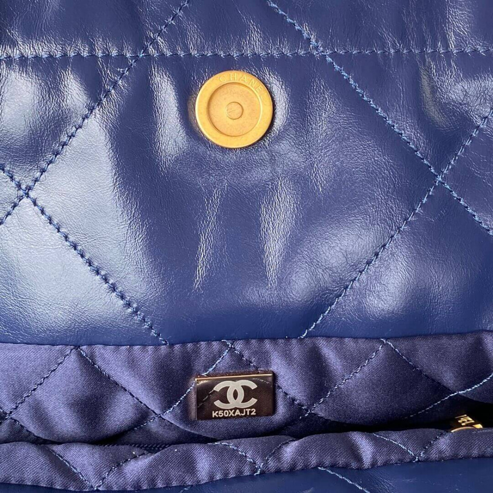 Chanel 22 Small Handbag Shiny Calfskin AS3260 Blue Gold