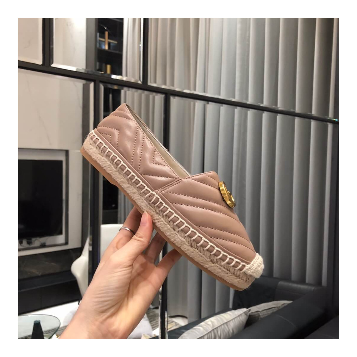 Gucci Chevron Leather Espadrille With Double G 551890 Dusty Pink