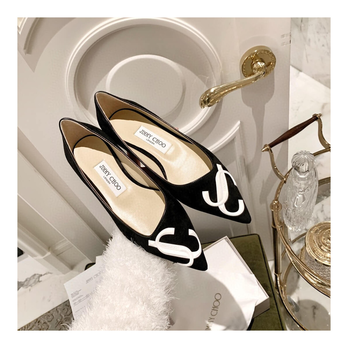 Jimmy Choo Love Flats Suede Pumps In Black and White Logo 231161