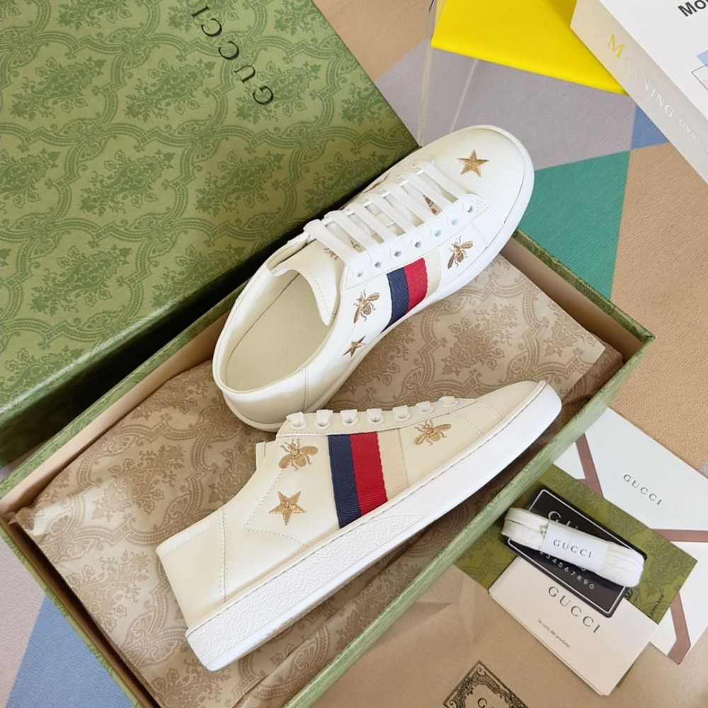 Gucci Ace Bees &amp; Stars Embroidered Sneaker White Leather 386750