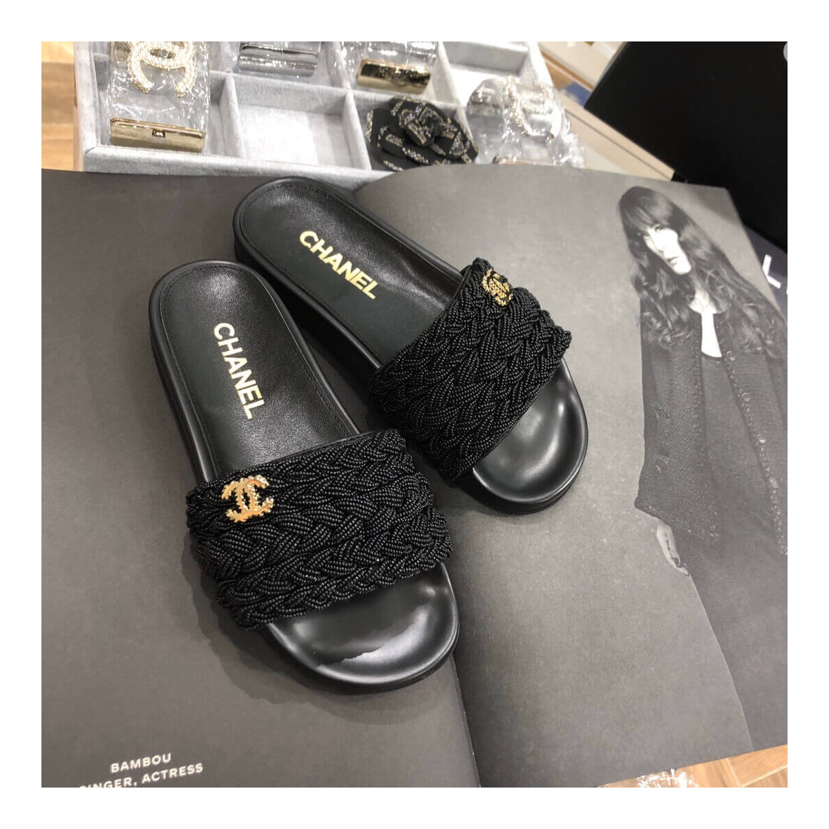 Chanel Pearls &amp; Lambskin Black Mules G35696