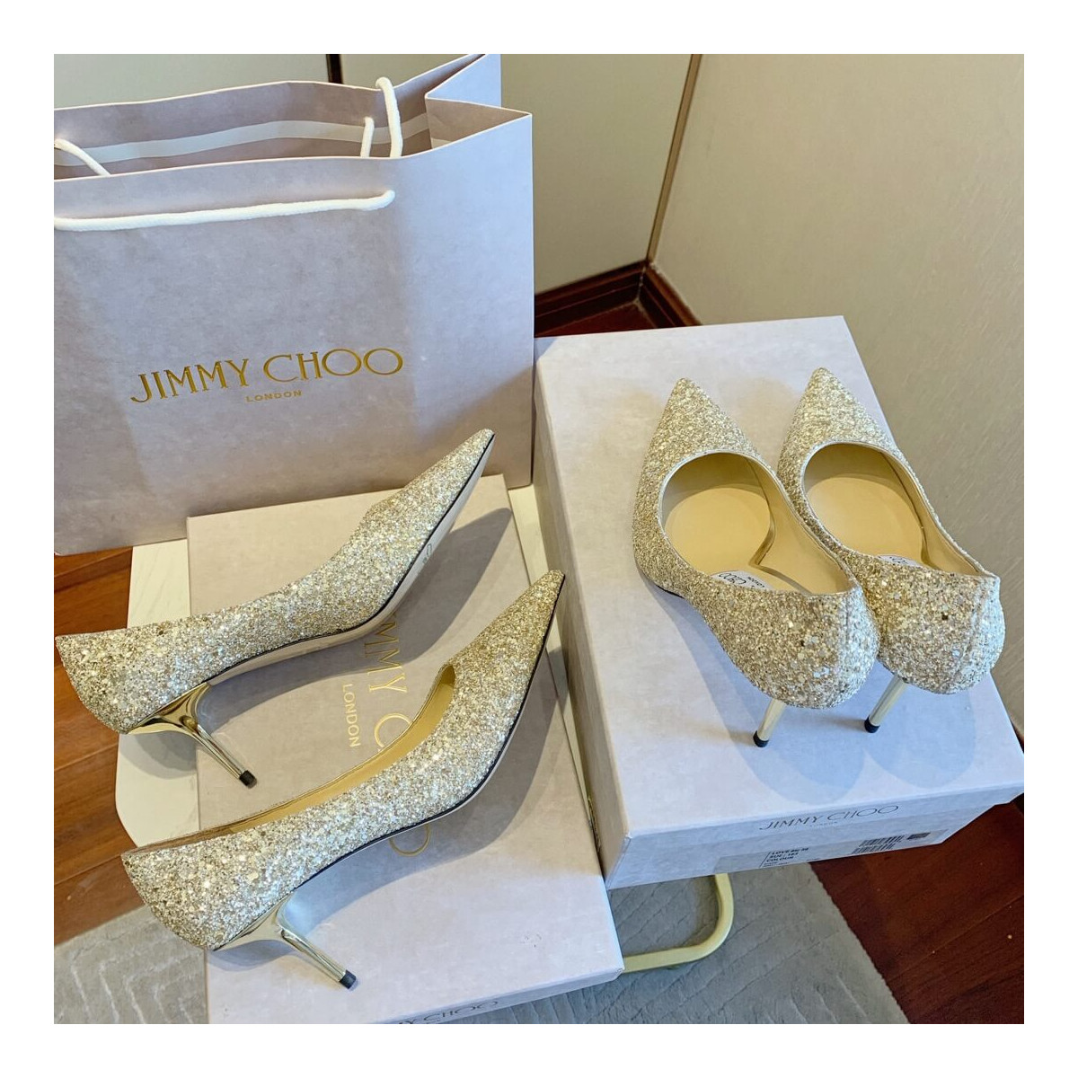 Jimmy Choo Gold Romy Glitter Fabric Pointy Toe Pumps 120011