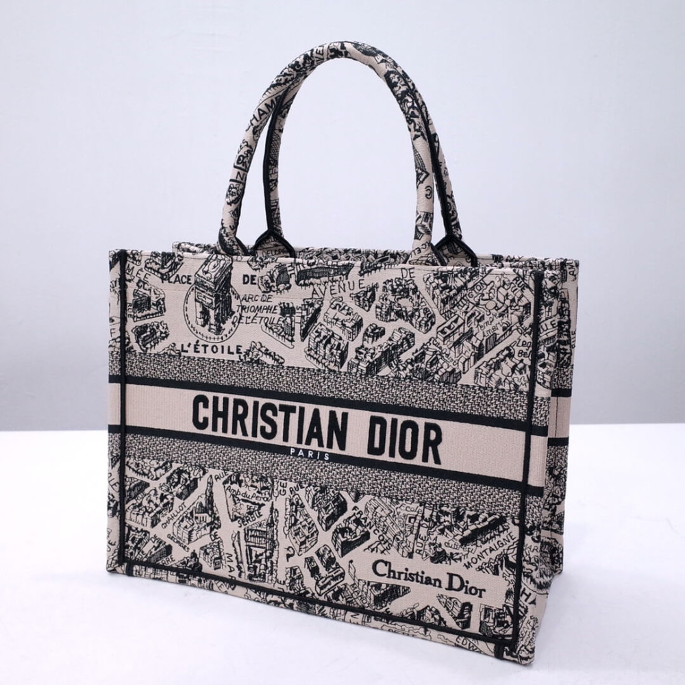 Christian Dior Book Tote Beige and Black Plan de Paris Embroidery