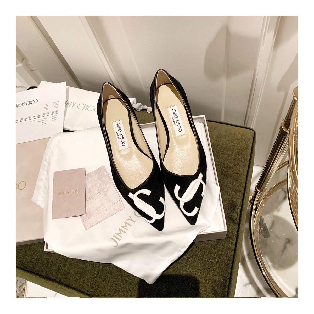 Jimmy Choo Love Flats Suede Pumps In Black and White Logo 231161