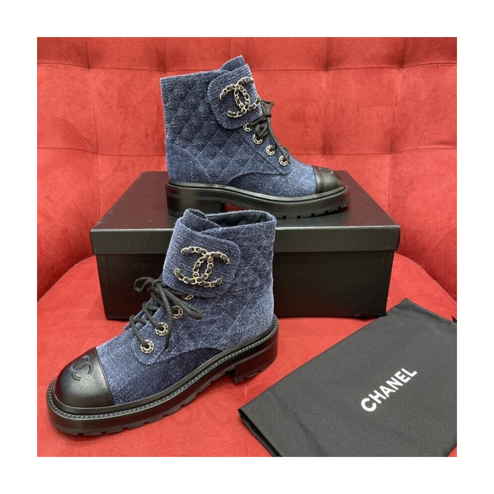 Chanel Blue Denim Quilted Lace Up Boots G36424