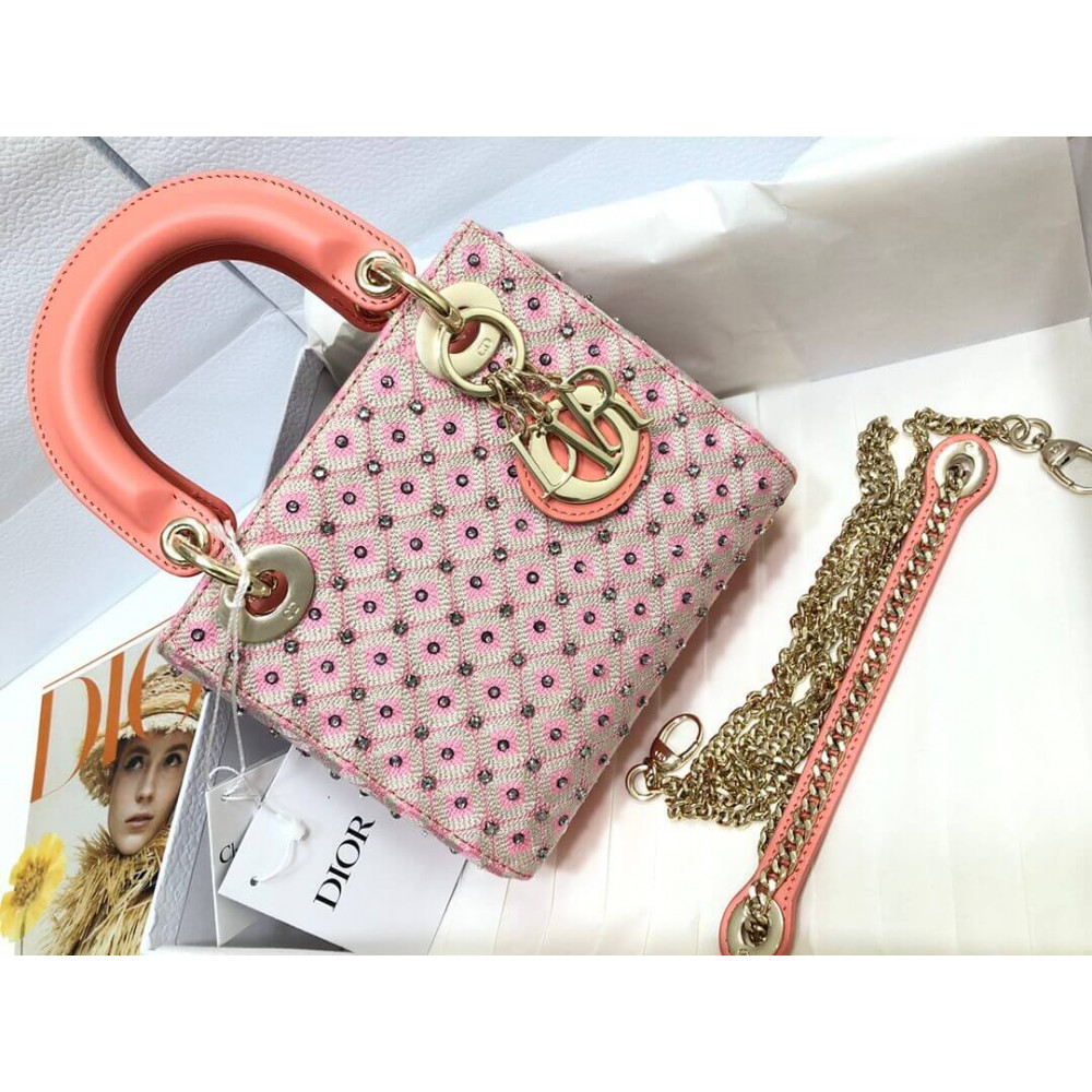 Lady Dior Mini Coral Pink Two-Tone Thread Embroidery Bag M0505 With Honeycomb Pattern And Rhinestones