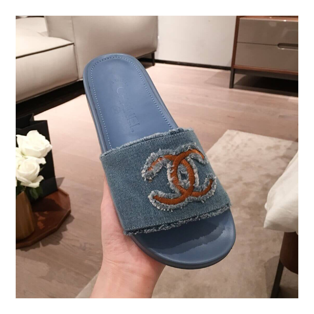 Chanel Denim Logo Sandal Mules G35781