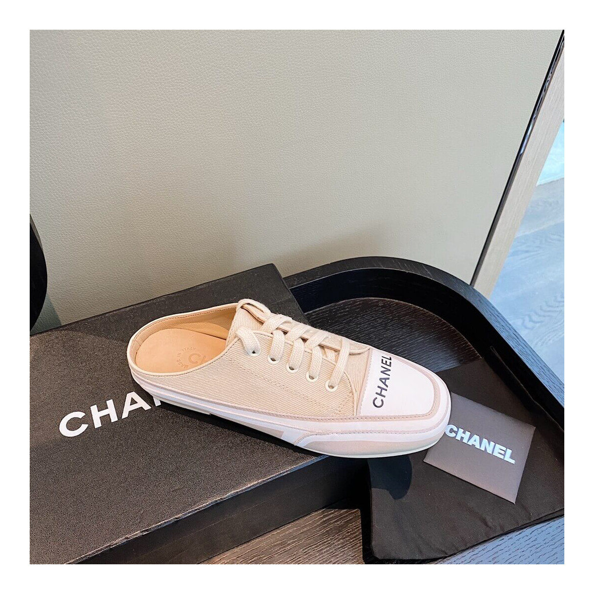 Chanel Canvas Lace Up Cap Toe Slipper 382301