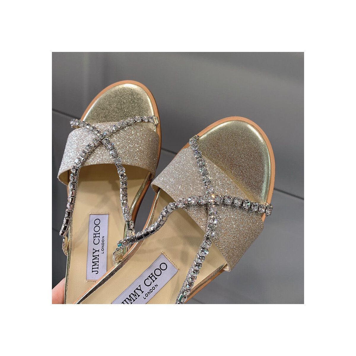 Jimmy Choo Aadi Platinum Ice Dusty Glitter Flats With Crystal Chain C6137