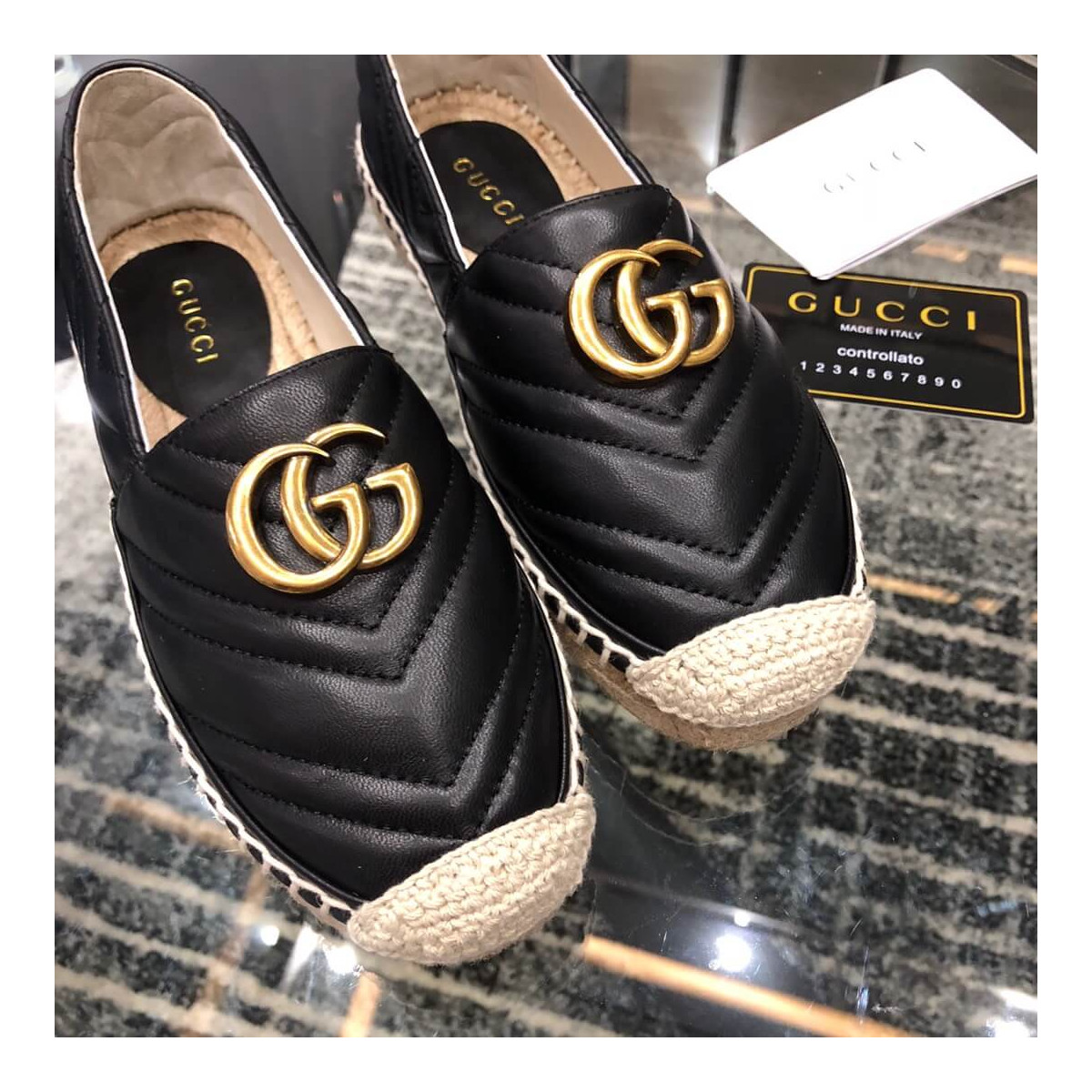 Gucci Chevron Leather Espadrille With Double G 551890 Black